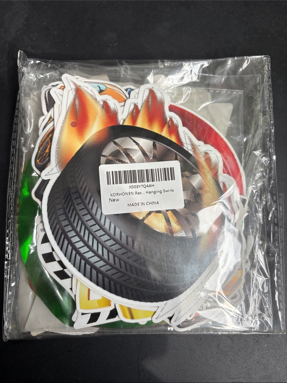Racing Tire&Flame Hanging Swirls - Black, Red, Orange, Yellow, Green UNOPENED